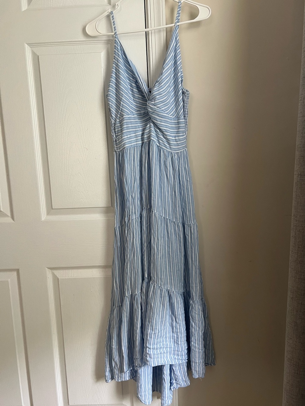 Angie Blue & White Striped Coastal Beachy High Low Twist Front Maxi Dress Large
